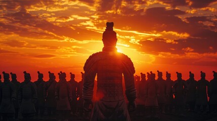 Sunrise over the Mausoleum of Emperor Qin terracotta army silhouetted against a fiery sky history awakening - obrazy, fototapety, plakaty