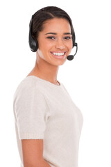 Portrait, call center and woman consulting in studio for contact us, crm or customer support on white background. Telemarketing, faq and face of female consultant with loan advice, help or assistance
