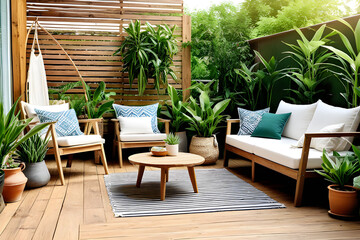 Fototapeta premium Real photo of relaxing boho zone in home. Wooden floor on terrace with comfy furniture and green plants. Decoration concept. Sunny summer day.