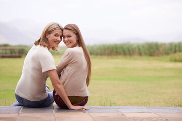 Women, mother and daughter in garden, portrait and together with smile, care and love on spring...