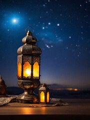 Fototapeta premium generative Ai POSTER Arabic lantern on a table with a background with the night sky