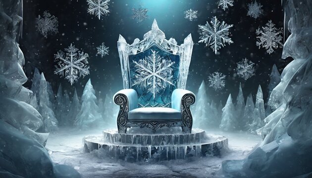 dragon on the wall wallpaper throne made of ice with large snowflakes in the center and on the sides, dark background