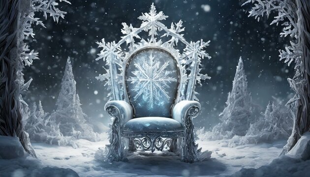 chair in the snow wallpaper throne made of ice with large snowflakes in the center and on the sides, dark background
