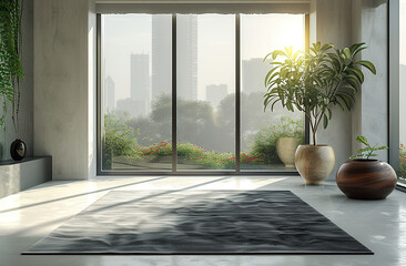Modern living room interior with center carpet, white floor, vase and floor. Created with Ai