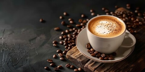 A freshly brewed espresso in a white cup surrounded by roasted coffee beans on a rustic wooden...
