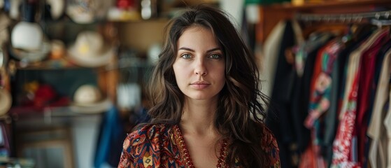 Portrait of young smiling Caucasian brunette woman. Concept of consumerism in second hand shop. business woman standing in her modern small clothing shop surrounded by cloths. Generative ai