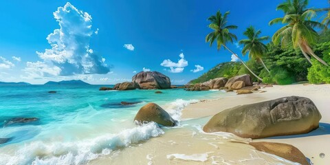 Obraz premium Idyllic tropical beach with white sand, clear turquoise water, granite boulders, and lush palm trees under a blue sky.