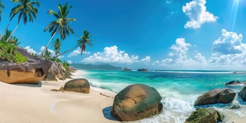 Fototapeta na wymiar Idyllic tropical beach with white sand, clear turquoise water, granite boulders, and lush palm trees under a blue sky.
