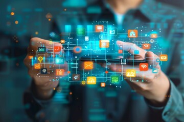 A person interacts with a futuristic digital interface with various technology and communication icons floating in the air.