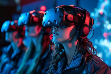 Young individuals are engaged in an immersive virtual reality experience, with VR headsets, illuminated by neon lights.