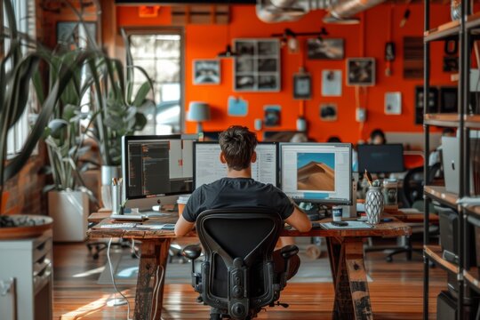 A graphic designer immersed in work on multiple monitors in a contemporary office setup with an orange wall in the background.