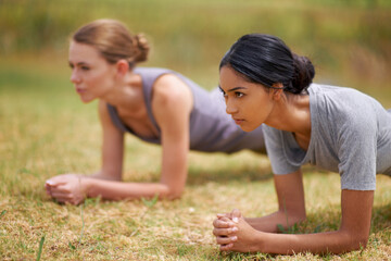 Woman, friends and plank in fitness for core strength, exercise or outdoor workout on field in nature. Young female person or team in ab training for muscle, stamina or endurance on green grass
