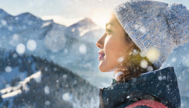  A striking image merges the rugged peaks of a snow-capped mountain with the determined profile of a woman. A powerful evocation of the essence of winter sports.