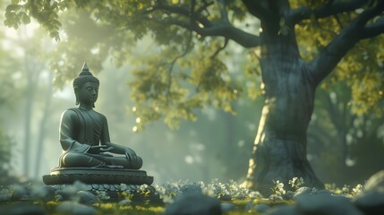 Buddha statue meditating near big tree. - obrazy, fototapety, plakaty