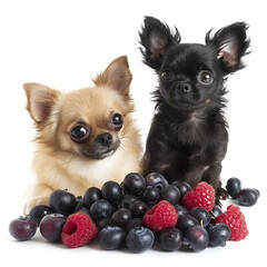 
Two Chihuahua dogs sit side by side with berries in front of them. Image from AI.