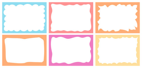 Set of abstract frames. Wavy edges, textbox bubble, curvy border for picture, diploma, poster. Vector illustration with transparent background. Simple childish vignette in doodle style.