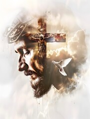 Jesus Christ carrying cross of suffering, symbolizing death, sacrifice and resurrection