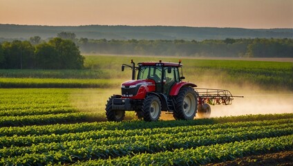 Fototapeta premium Tractor spraying pesticides on soybean field with sprayer at spring
