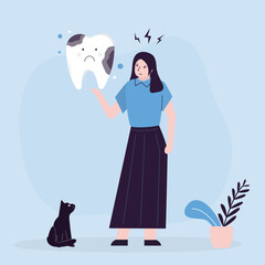 Concept of oral health, dental problem, healthcare. Unhappy woman holding her sick tooth. Girl suffering from toothache. Decayed tooth cause of oral disease.