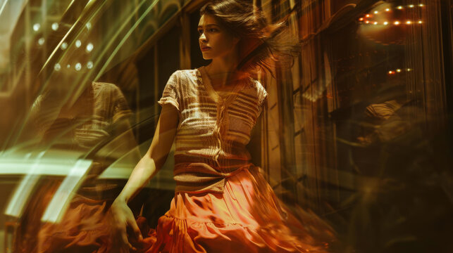 A fashion model posiing on a city street and surrounded by windows with reflections.