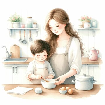 Mom and child cooking or baking together.  watercolor illustration, Happy family mother and child son bake,  happy to cook together.