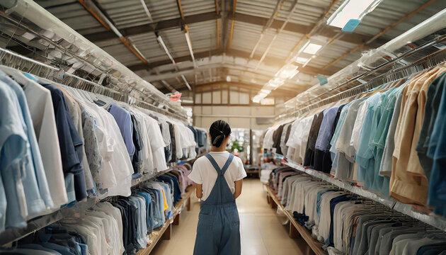 A vast warehouse filled with countless shirts hanging on racks. The back of a woman working in a cleaning factory.