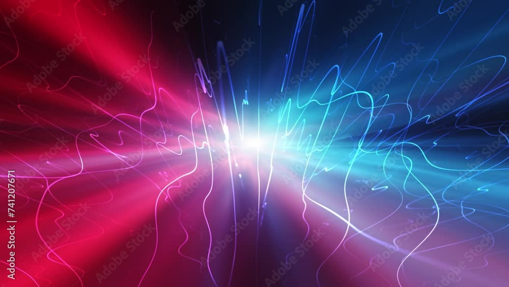 Poster loop winding lines motion on blue red glowing light animation background.
