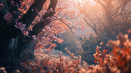 A serene scene of a blossoming tree with pink flowers illuminated by soft sunlight. The background is filled with warm-toned foliage and other trees, creating a dreamy and ethereal atmosphere. The lig