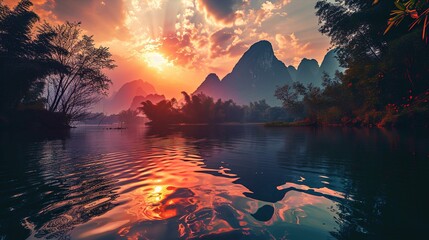 The image features a serene river landscape at sunset. The horizon is dominated by towering karst mountain formations shrouded in mist, adding a sense of depth and majesty to the scene. The sun, posit