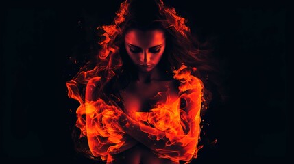 A woman is depicted surrounded by flames against a black background. The flames appear to be engulfing her body and hair, yet she maintains a serene expression with her eyes closed and head slightly t