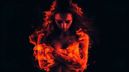 A woman is depicted surrounded by flames against a black background. The flames appear to be engulfing her body and hair, yet she maintains a serene expression with her eyes closed and head slightly t