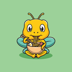 Cute bee eating ramen cartoon illustration