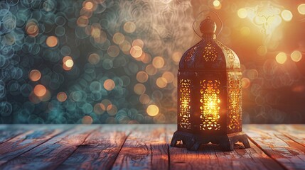 Ramadan concept. Close-up date in foreground. Ramadan Lantern on wooden table. Textured wall background. Space for text on the right - Eid Ul Fitr - generative ai - obrazy, fototapety, plakaty