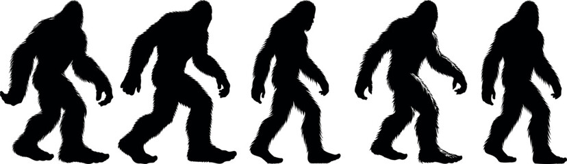 Fototapeta na wymiar Bigfoot silhouette sequence, mythical creature in various walking positions. Perfect for cryptozoology, mystery themed content. Ape like figure, black against white background