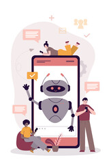 Chatbot ai and customer service concept. Various users talking with chatbot in mobile app. Chat bot virtual assistant help via messaging. Customer support. Social networking.