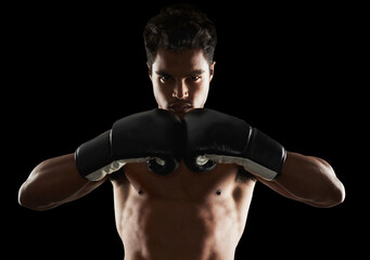 Portrait, man and boxer in stance for training, sports or workout for body health isolated on black background in studio. Fighter, serious face and athlete in gloves for fitness or exercise in Brazil - Powered by Adobe