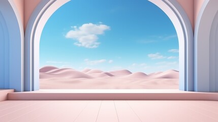 3d Render Surreal pastel landscape background with arches and podium