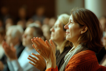 Audiences are applauding in the conference hall.