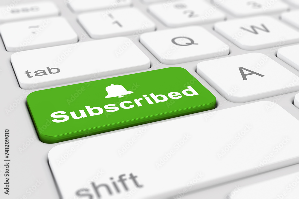 Poster 3d rendering of a white keyboard with a green key and the keyword subscribed - business concept.