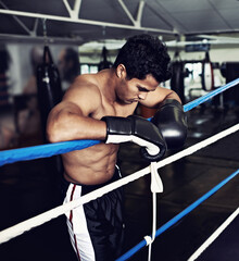 Sports, break and man boxer in gym for exercise, workout and combat training for competition....
