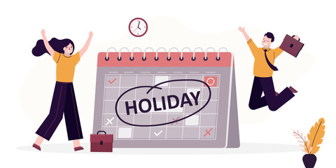 Business people with big calendar jumping with joy to celebrate holidays. Company holiday for employee to take break and recharge. Long holiday, happy office workers