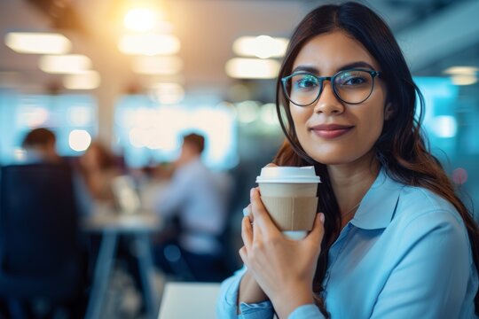 Woman With Glasses Holding a Cup of Coffee. Generative AI