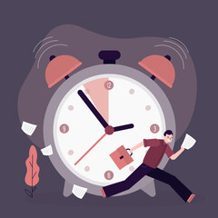 Deadline concept. Businessman run away from alarm clock and paper work. Office worker under pressure, complete work deadlines.