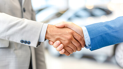 Close-up of a firm handshake between two business people in a car dealership showroom.