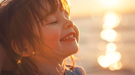 Fototapeta premium Joyful child basking in the sunset by the water, a serene moment capturing the pure bliss of nature's beauty.