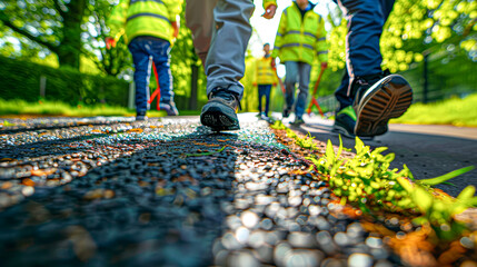 Children's feet walk on a vibrant, colorful path in a playground, highlighting active childhood and playfulness. - obrazy, fototapety, plakaty