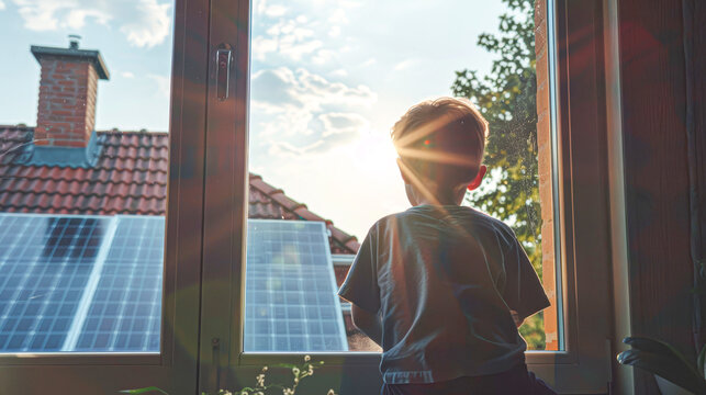 Young boy gazes out a window at solar panels, reflecting on renewable energy in a serene suburban setting.