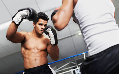 Boxer, man and fight in boxing ring for practice, training or confidence for performance with coach...