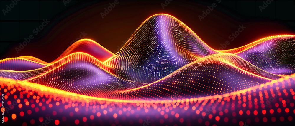 Poster digital waves, an abstract symphony of technology and sound visualized in a vibrant network of light