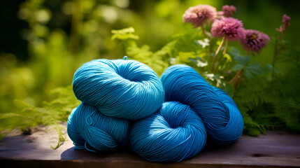 Blue wool yarn skein on green grossy background, crafting hobby, fabric art, creative hobby, textile art, knitting art, - obrazy, fototapety, plakaty